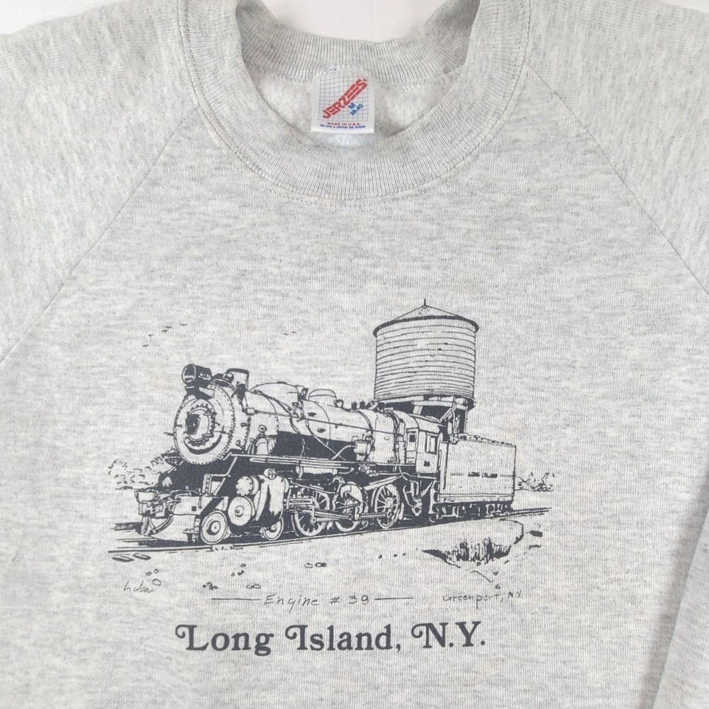 Vintage Jerzees Long Island NY Train Engine 39 Sweatshirt Mens Medium Gray USA